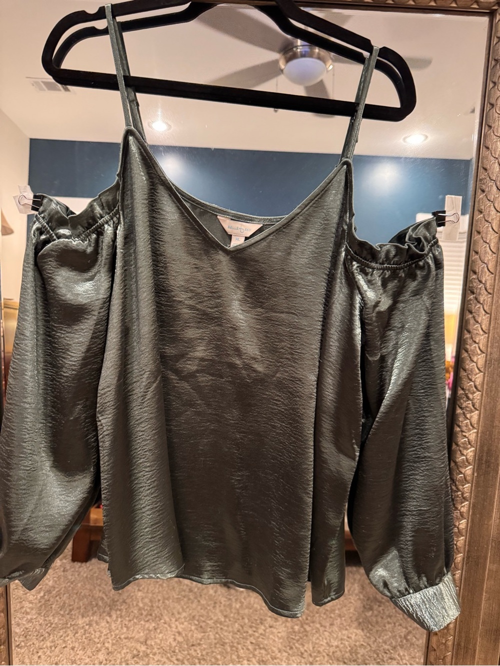 belle sky Olive Green Satin Cold-Shoulder Blouse